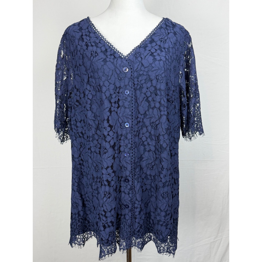 Isaac Mizrahi Women Cotton Blend Lace Button Front Tunic 2X Navy Blue V-Neck Top